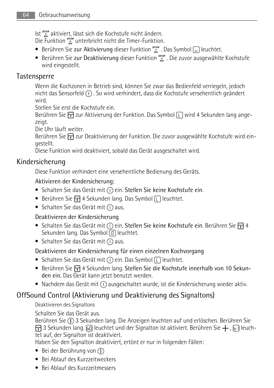 Tastensperre, Kindersicherung | AEG HK764403IB User Manual | Page 64 / 72