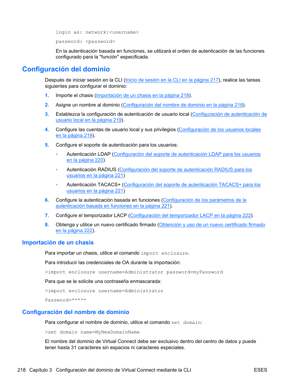 Configuración del dominio, Importación de un chasis, Configuración del nombre de dominio | HP Módulo de conexión virtual HP FlexFabric de 10 Gb24 puertos para BladeSystem clase-c User Manual | Page 225 / 266