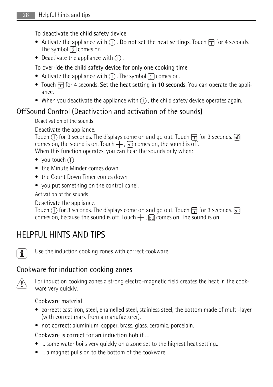 Helpful hints and tips, Cookware for induction cooking zones | AEG HK654250XB User Manual | Page 28 / 84
