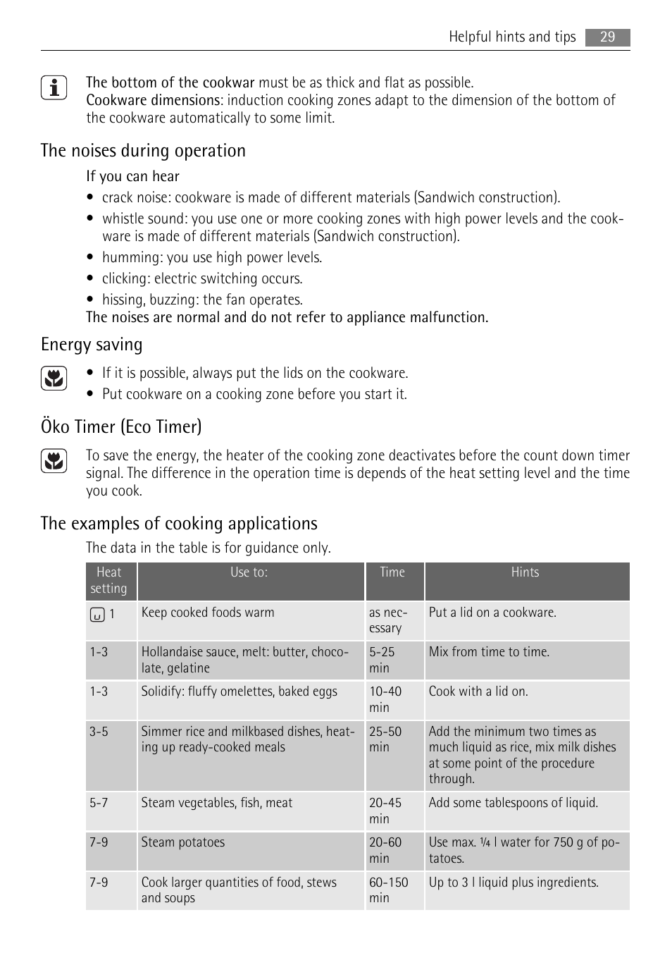 The noises during operation, Energy saving, Öko timer (eco timer) | The examples of cooking applications | AEG HK654250XB User Manual | Page 29 / 84