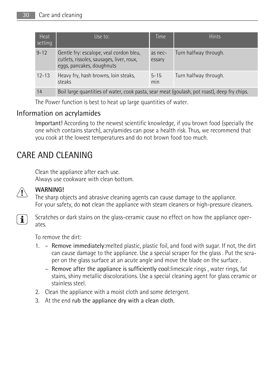 Care and cleaning, Information on acrylamides | AEG HK654250XB User Manual | Page 30 / 84