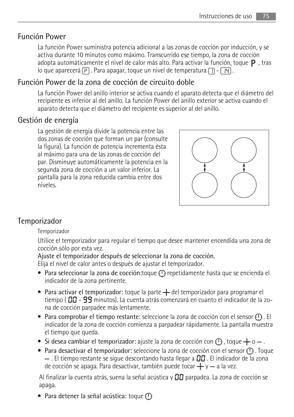 Función power, Gestión de energía, Temporizador | AEG HK654250XB User Manual | Page 75 / 84
