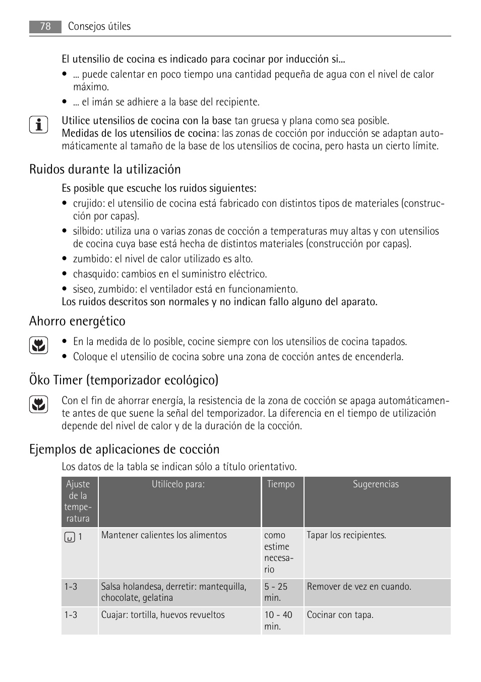 Ruidos durante la utilización, Ahorro energético, Öko timer (temporizador ecológico) | Ejemplos de aplicaciones de cocción | AEG HK654250XB User Manual | Page 78 / 84