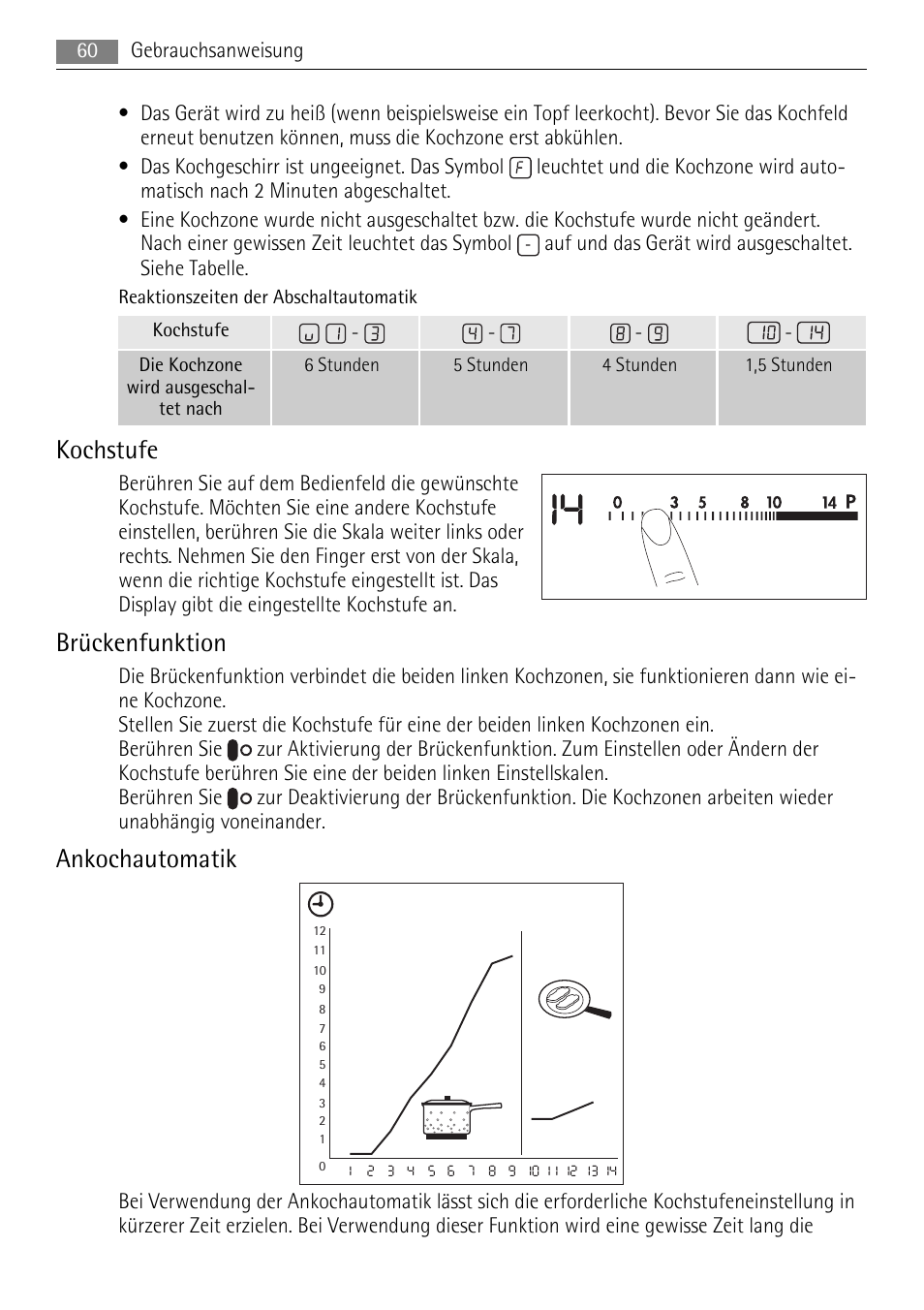 Kochstufe, Brückenfunktion, Ankochautomatik | AEG HK653320XB User Manual | Page 60 / 88