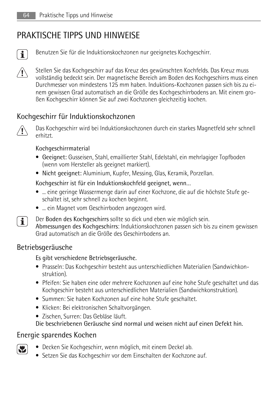 Praktische tipps und hinweise, Kochgeschirr für induktionskochzonen, Betriebsgeräusche | Energie sparendes kochen | AEG HK653320XB User Manual | Page 64 / 88