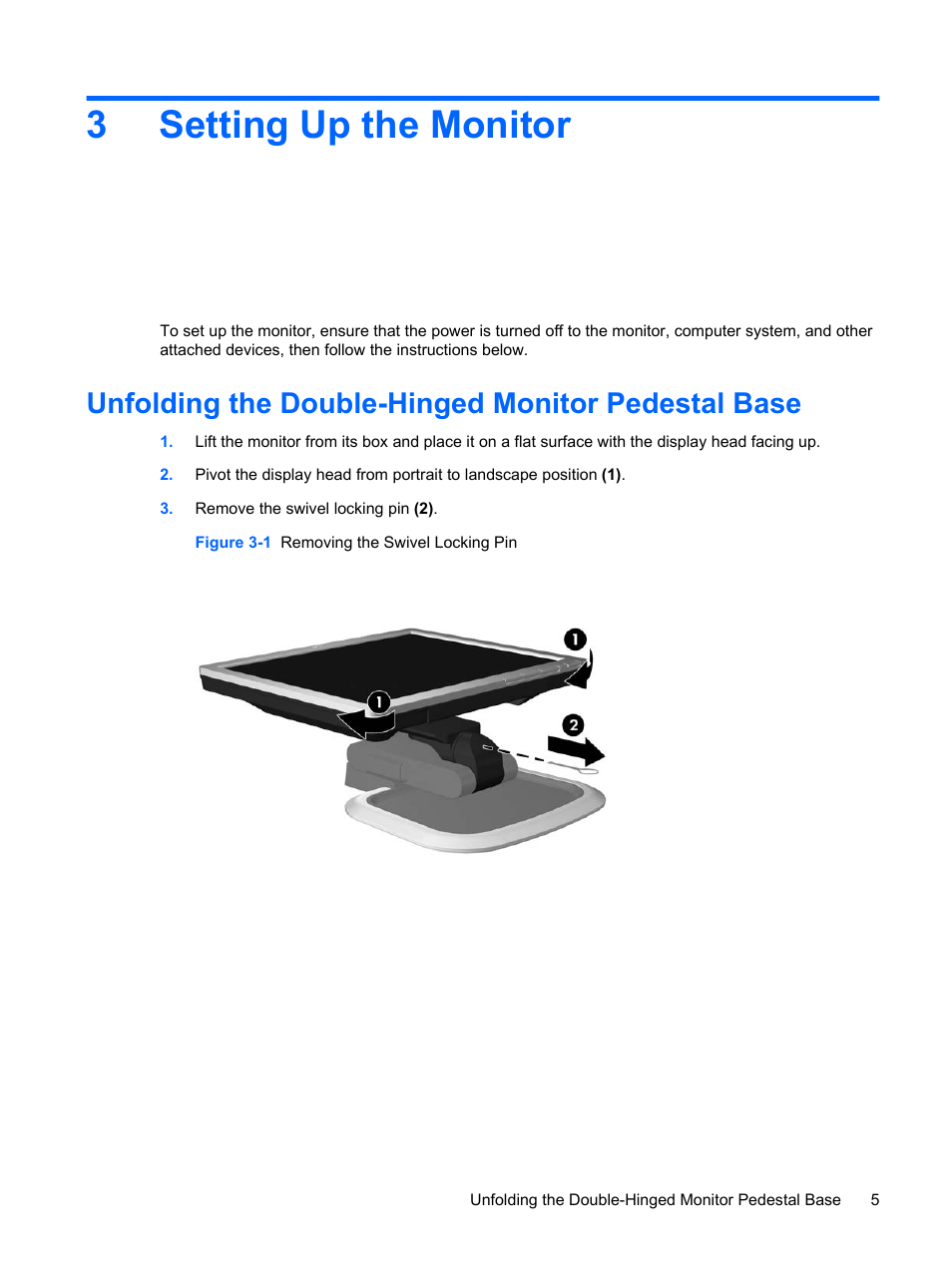 Setting up the monitor, Unfolding the double-hinged monitor pedestal base, 3 setting up the monitor | 3setting up the monitor | HP L1910 19-inch LCD Monitor User Manual | Page 13 / 63