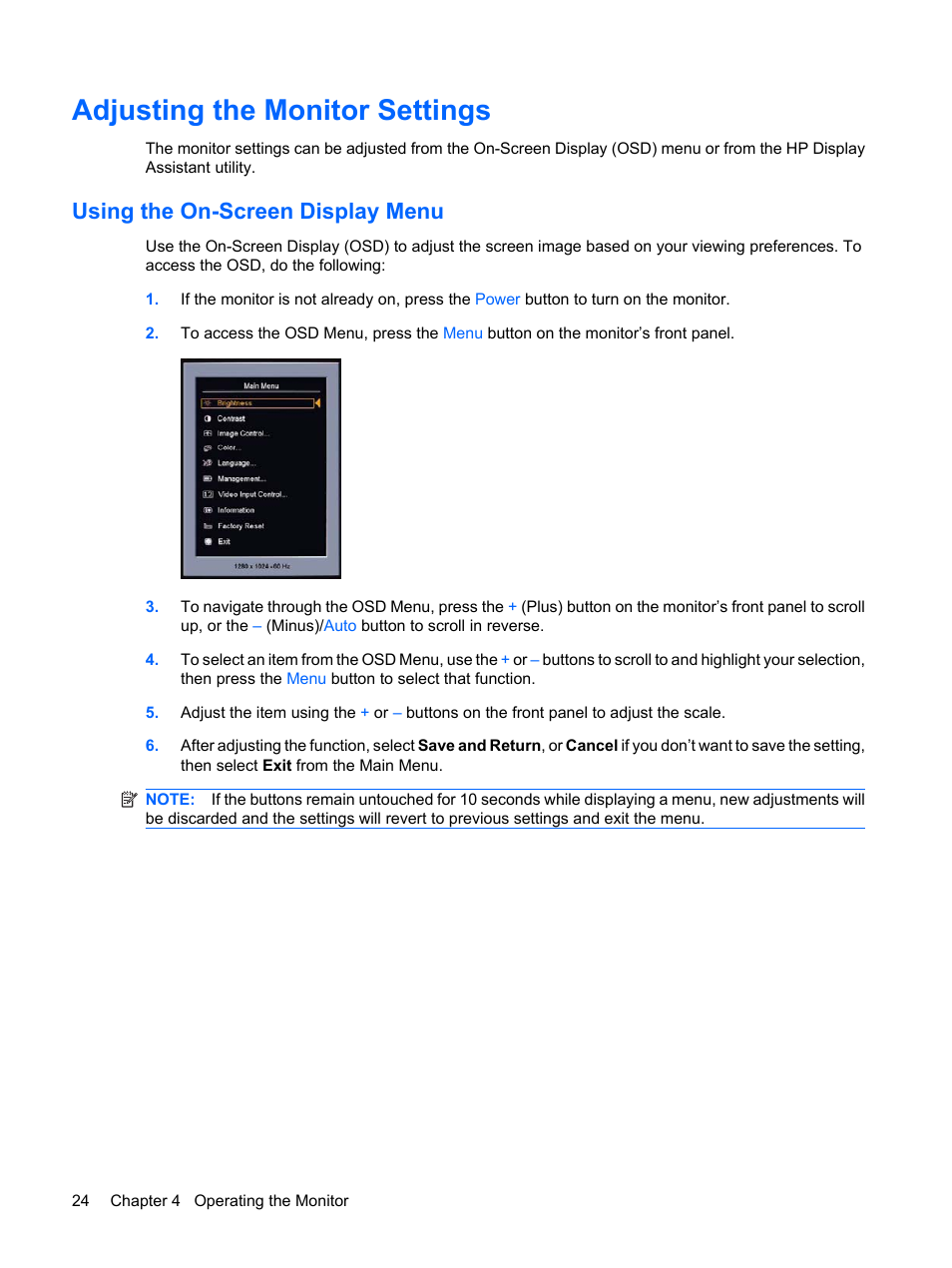 Adjusting the monitor settings, Using the on-screen display menu | HP L1910 19-inch LCD Monitor User Manual | Page 32 / 63