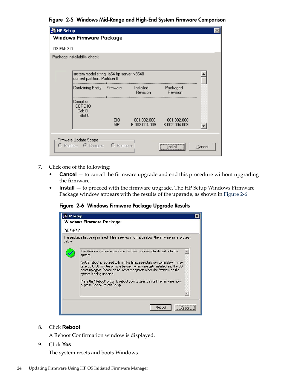 Windows firmware package upgrade results | HP Integrity rx4640 Server User Manual | Page 24 / 36