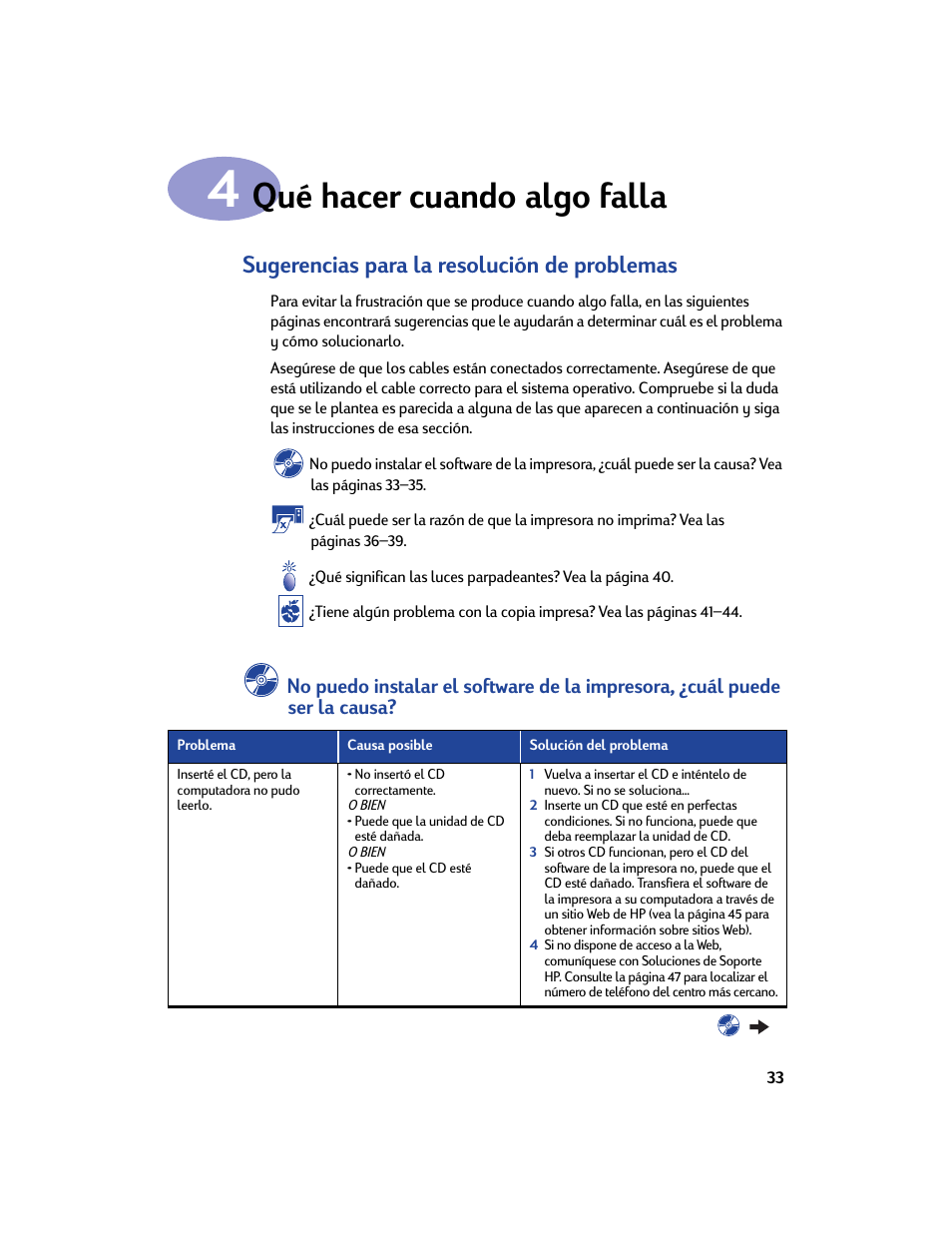 Qué hacer cuando algo falla, Sugerencias para la resolución de problemas, Capítulo 4 qué hacer cuando algo falla | HP Impresora HP Deskjet 932c User Manual | Page 39 / 75