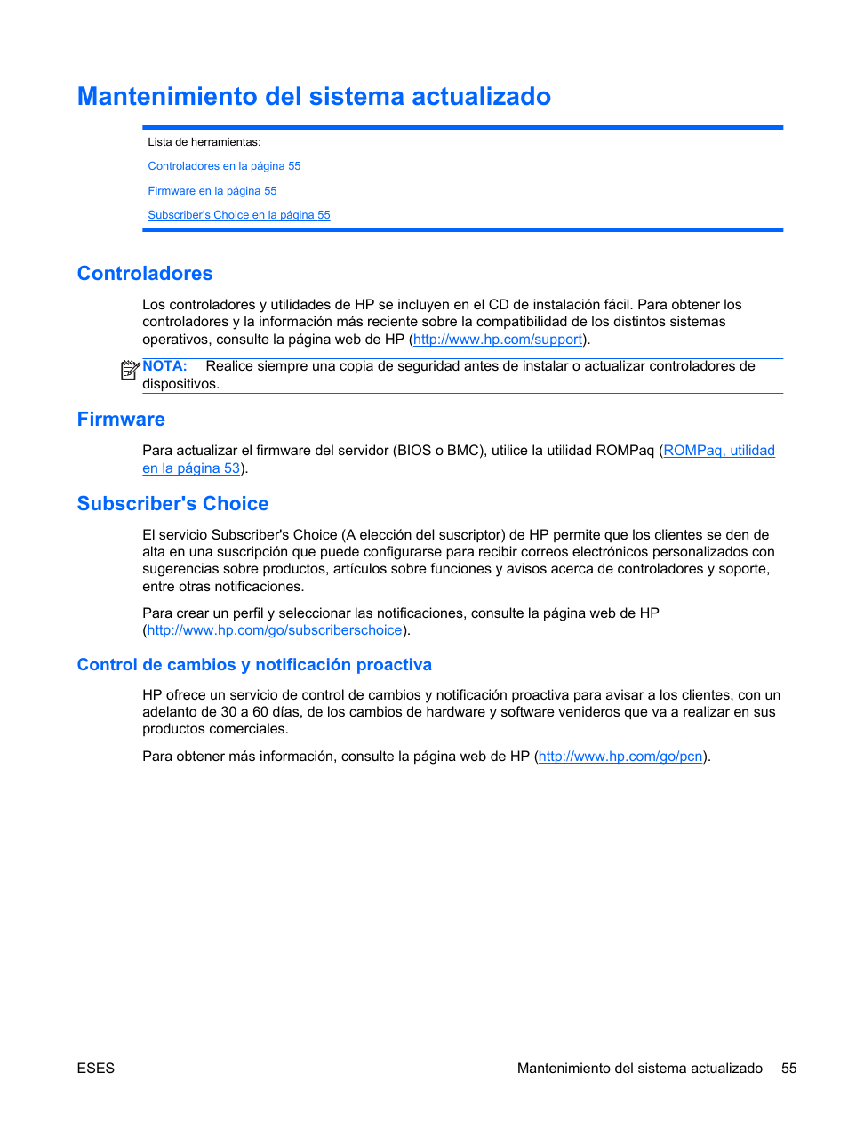 Mantenimiento del sistema actualizado, Controladores, Firmware | Subscriber's choice, Control de cambios y notificación proactiva, Controladores firmware subscriber's choice | HP Servidor HP ProLiant DL120 G6 User Manual | Page 64 / 133