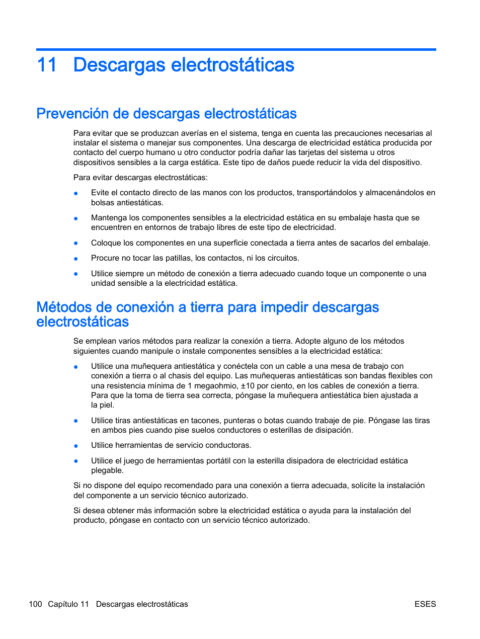 Descargas electrostáticas, Prevención de descargas electrostáticas, 11 descargas electrostáticas | HP Servidor HP ProLiant DL360p Gen8 User Manual | Page 107 / 129