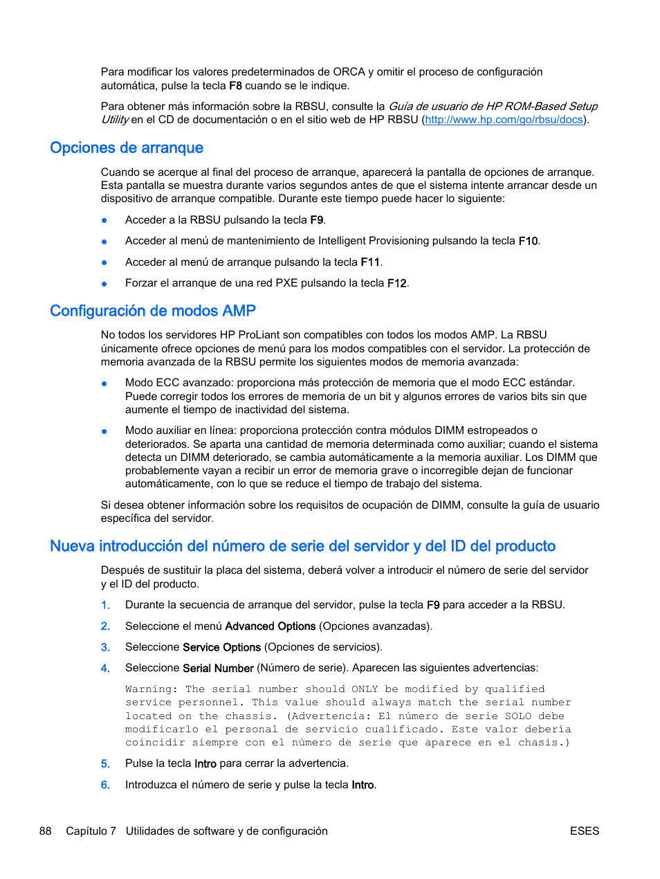 Opciones de arranque, Configuración de modos amp | HP Servidor HP ProLiant DL360p Gen8 User Manual | Page 95 / 129