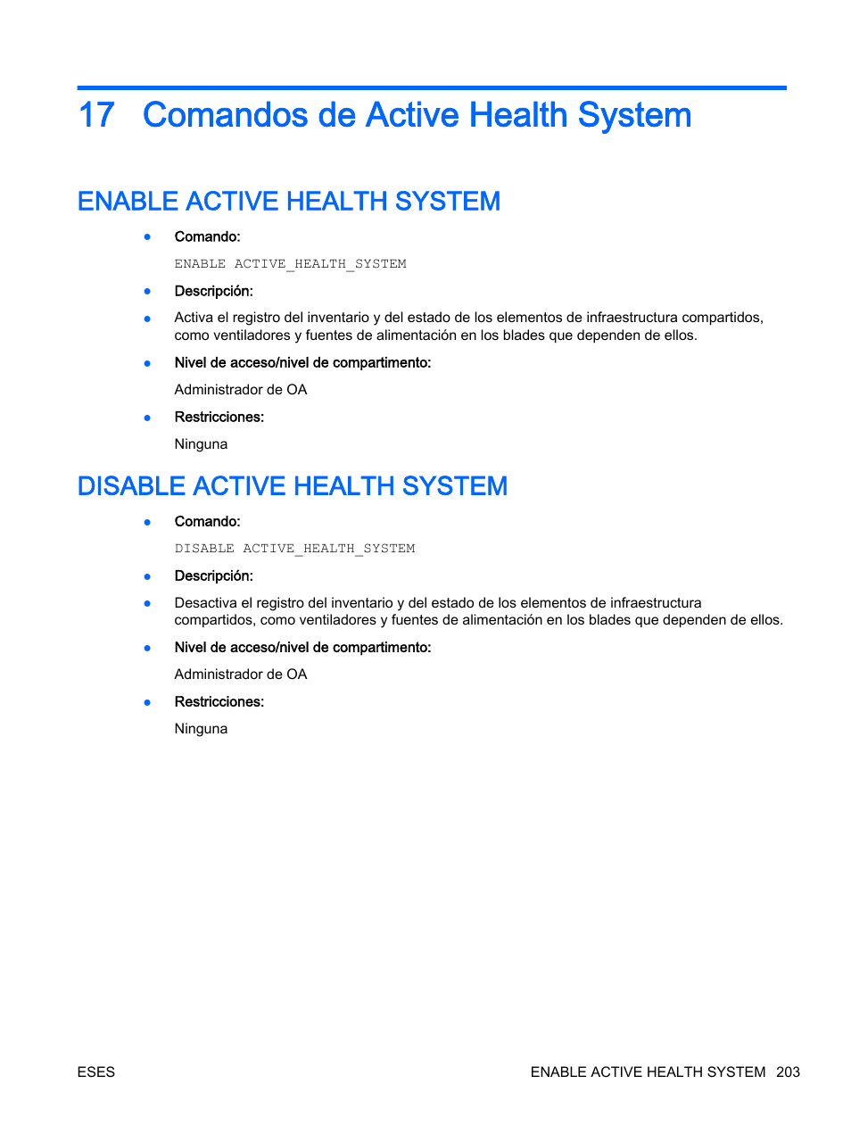 Comandos de active health system, Enable active health system, Disable active health system | 17 comandos de active health system | HP Onboard Administrator User Manual | Page 216 / 266