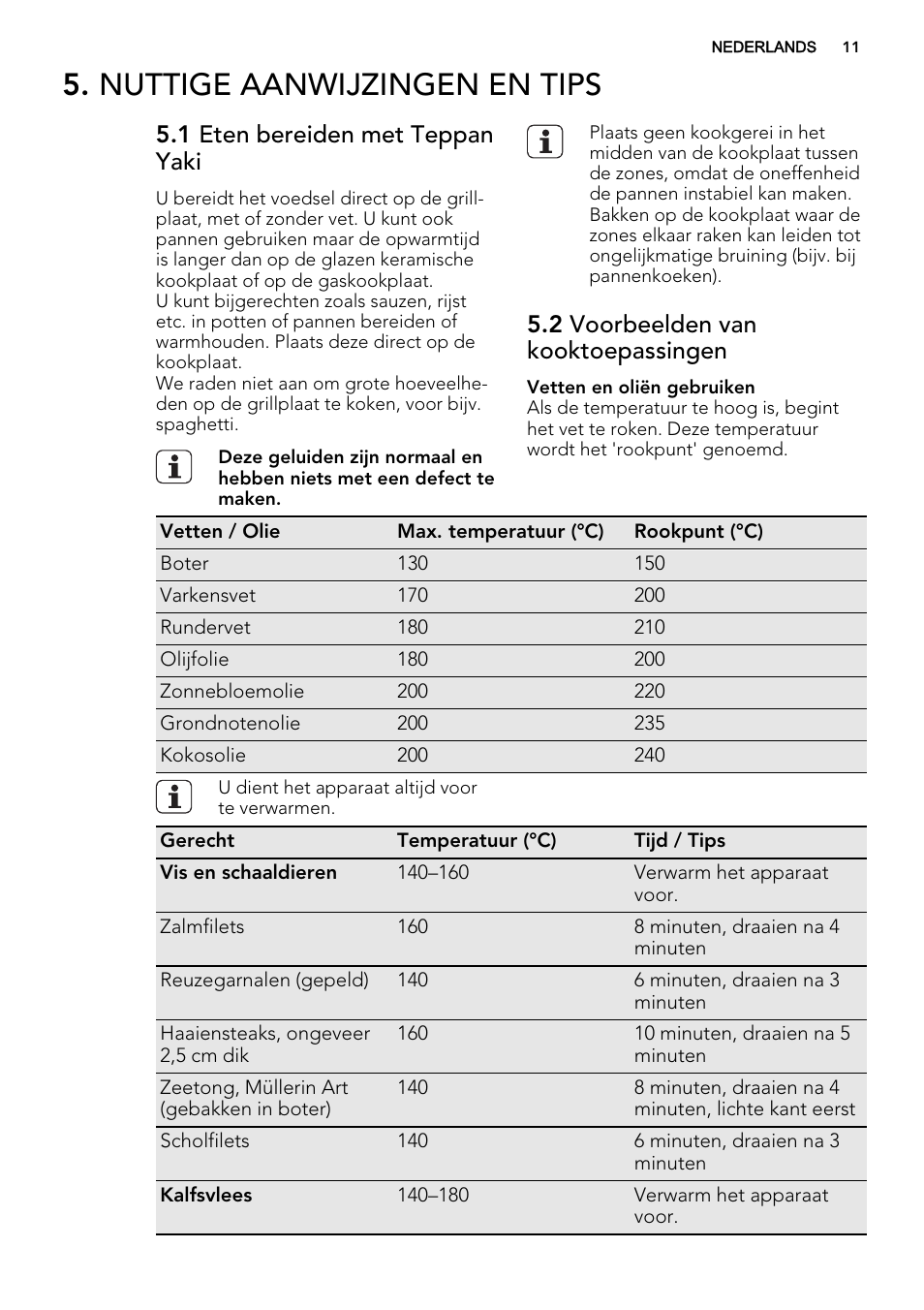 Nuttige aanwijzingen en tips, 1 eten bereiden met teppan yaki, 2 voorbeelden van kooktoepassingen | AEG HC452600EB User Manual | Page 11 / 76