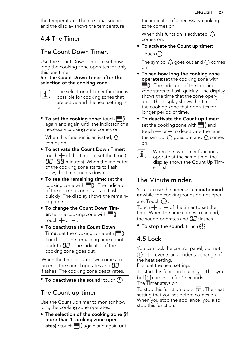 4 the timer the count down timer, The count up timer, The minute minder | 5 lock | AEG HC452600EB User Manual | Page 27 / 76