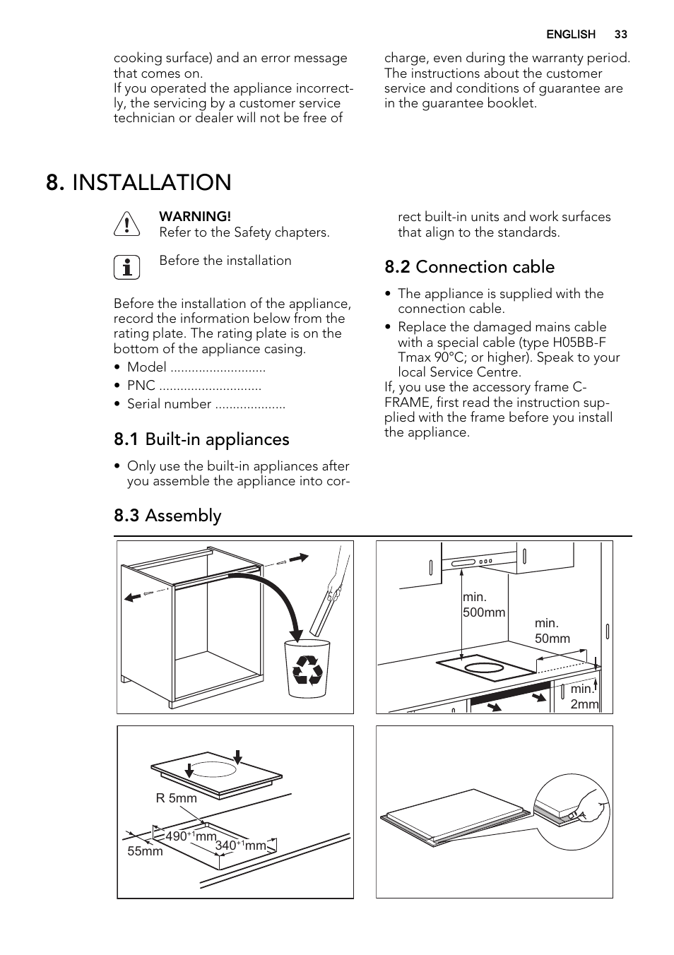 Installation, 1 built-in appliances, 2 connection cable | 3 assembly | AEG HC452600EB User Manual | Page 33 / 76