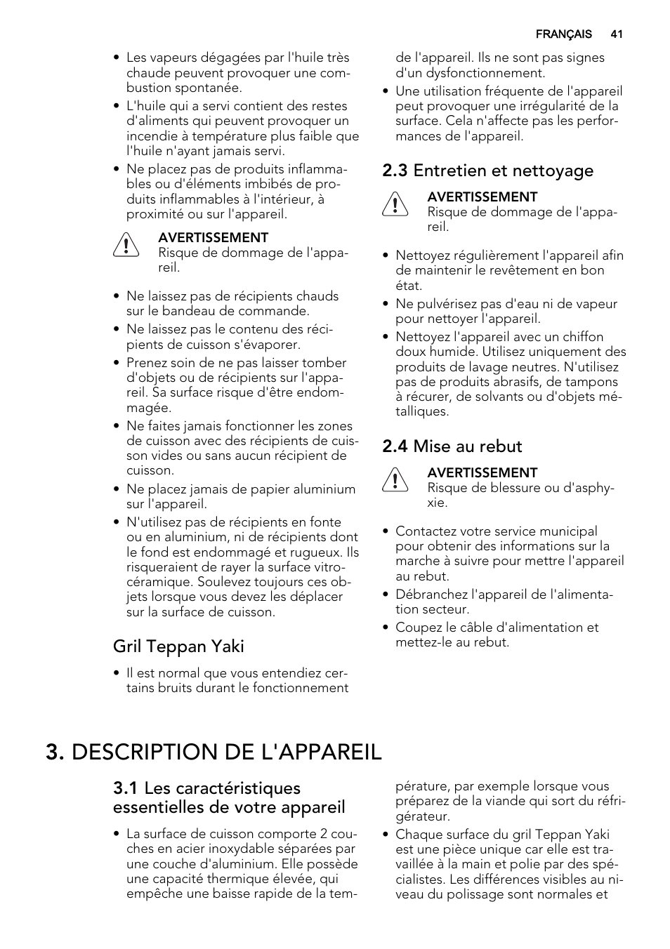 Description de l'appareil, Gril teppan yaki, 3 entretien et nettoyage | 4 mise au rebut | AEG HC452600EB User Manual | Page 41 / 76