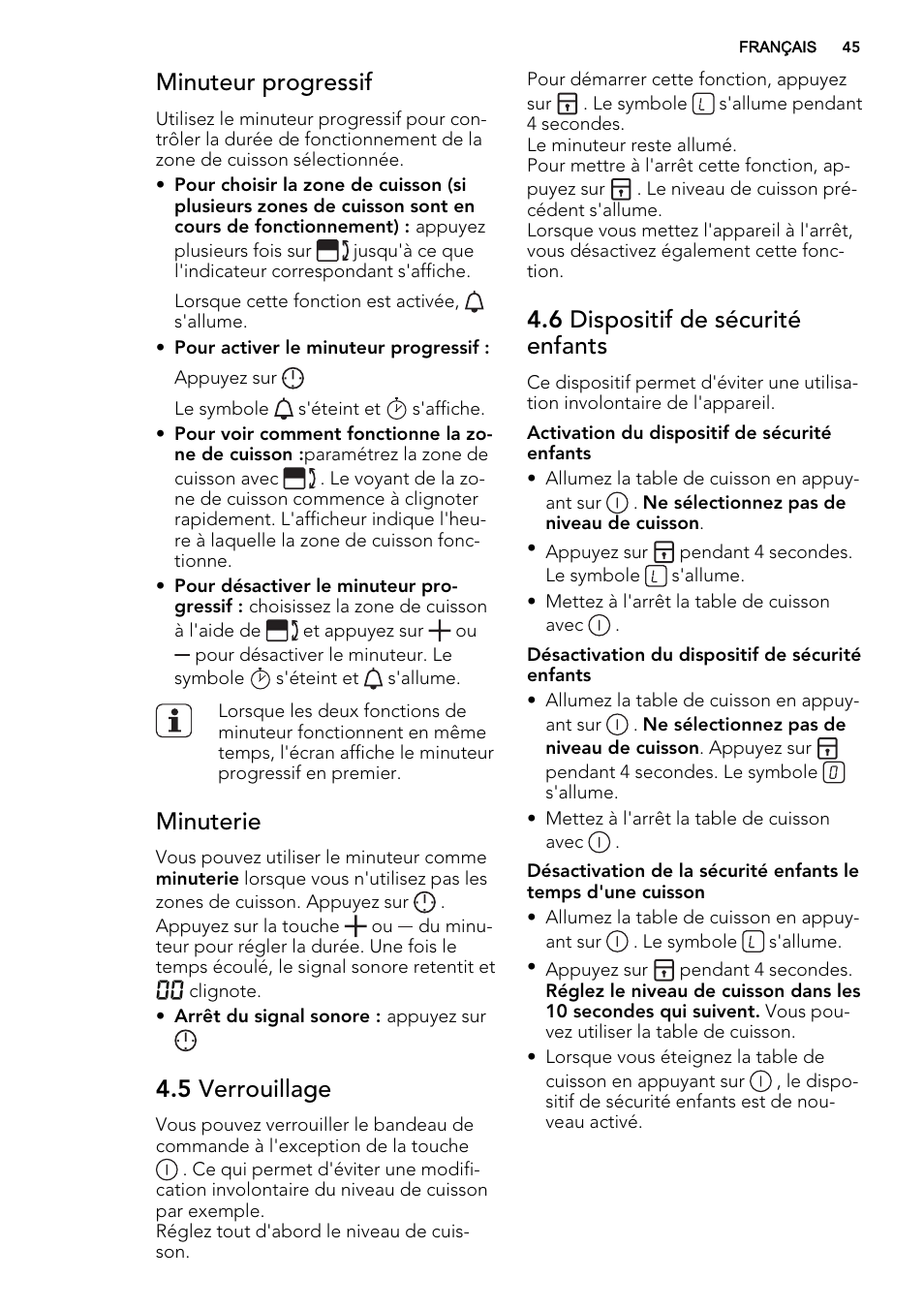 Minuteur progressif, Minuterie, 5 verrouillage | 6 dispositif de sécurité enfants | AEG HC452600EB User Manual | Page 45 / 76