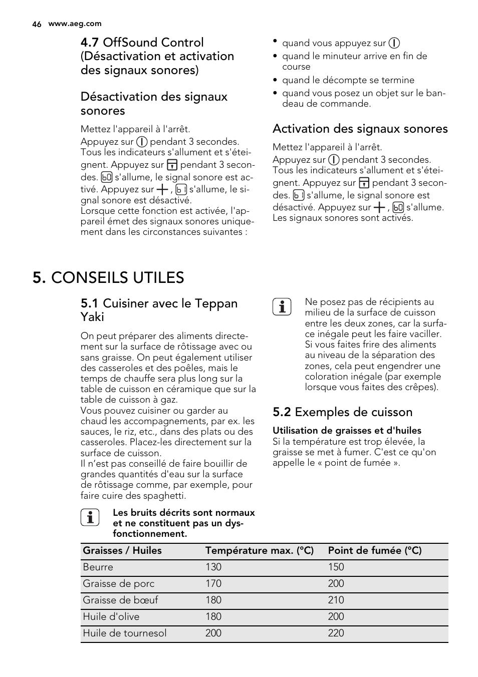 Conseils utiles, Activation des signaux sonores, 1 cuisiner avec le teppan yaki | 2 exemples de cuisson | AEG HC452600EB User Manual | Page 46 / 76