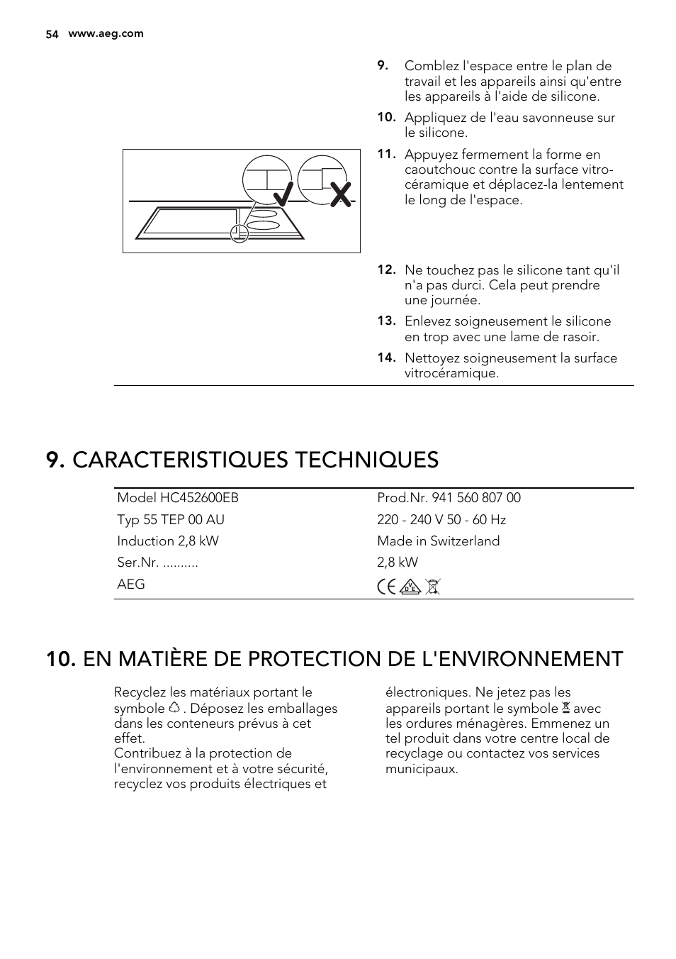 Caracteristiques techniques, En matière de protection de l'environnement | AEG HC452600EB User Manual | Page 54 / 76