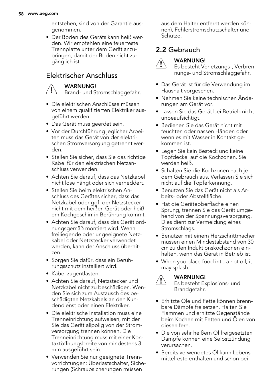 Elektrischer anschluss, 2 gebrauch | AEG HC452600EB User Manual | Page 58 / 76