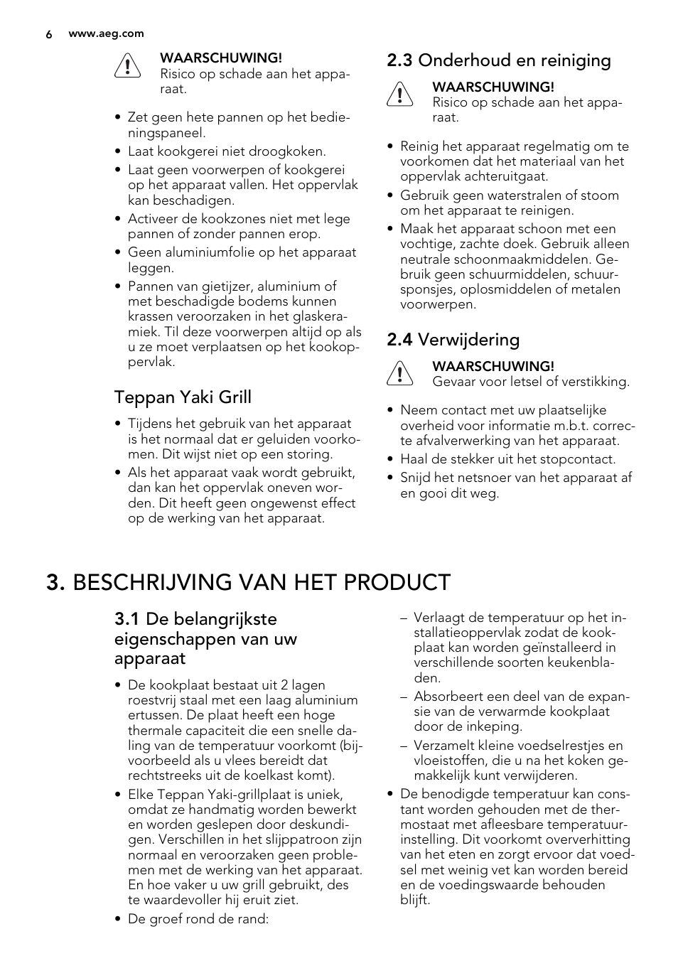 Beschrijving van het product, Teppan yaki grill, 3 onderhoud en reiniging | 4 verwijdering, 1 de belangrijkste eigenschappen van uw apparaat | AEG HC452600EB User Manual | Page 6 / 76