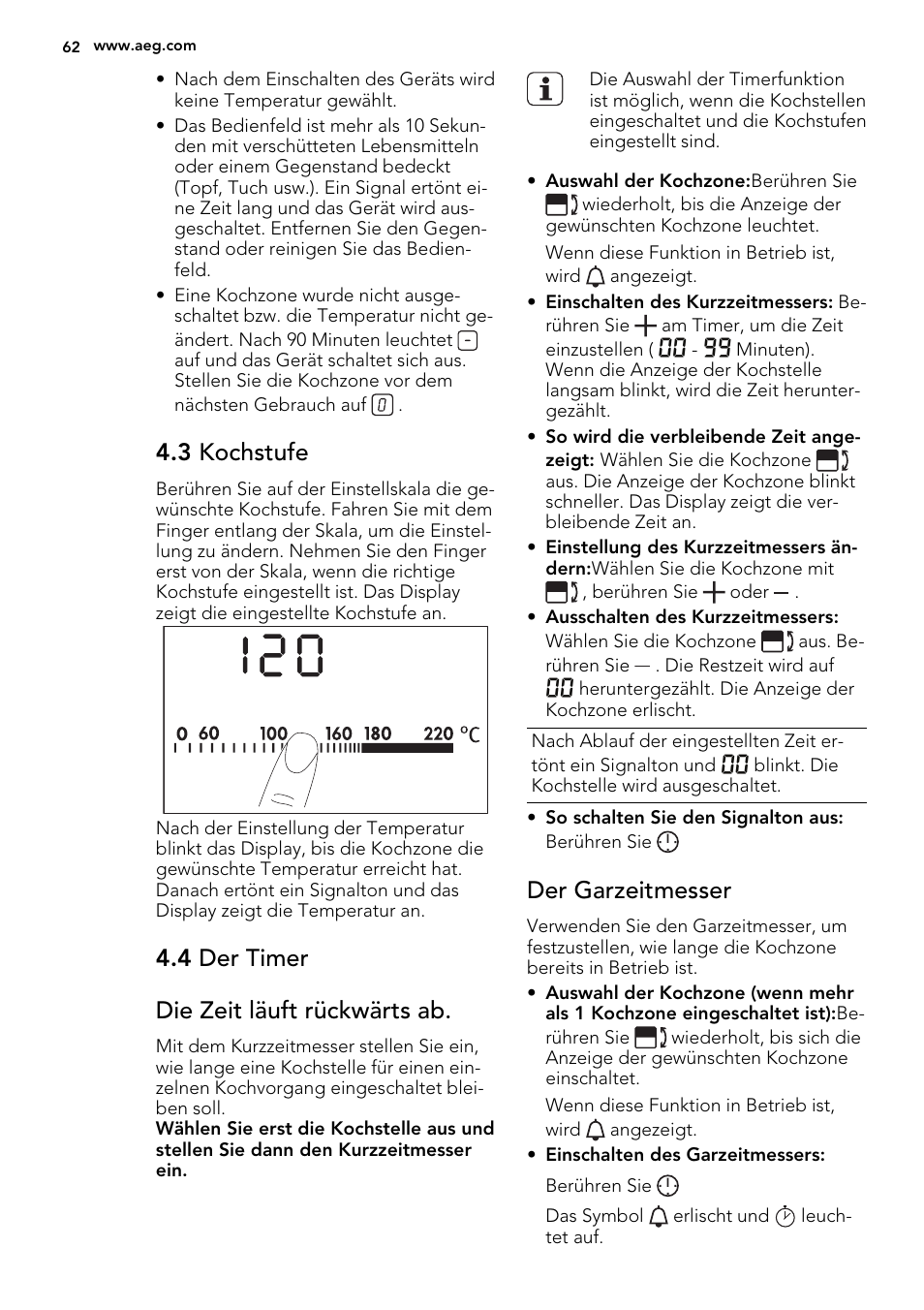 3 kochstufe, 4 der timer die zeit läuft rückwärts ab, Der garzeitmesser | AEG HC452600EB User Manual | Page 62 / 76