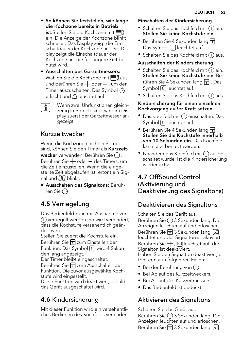 Kurzzeitwecker, 5 verriegelung, 6 kindersicherung | Aktivieren des signaltons | AEG HC452600EB User Manual | Page 63 / 76