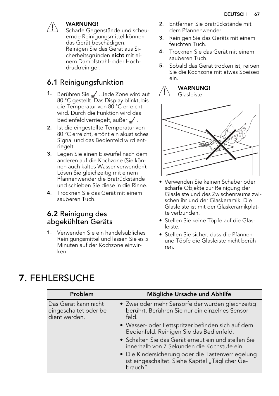 Fehlersuche, 1 reinigungsfunktion, 2 reinigung des abgekühlten geräts | AEG HC452600EB User Manual | Page 67 / 76