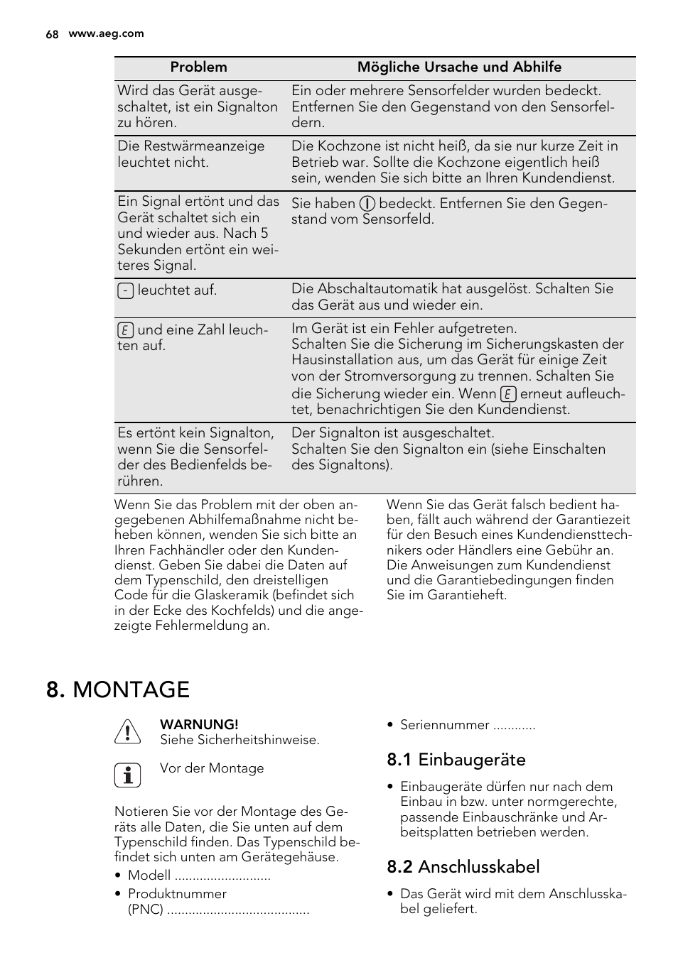 Montage, 1 einbaugeräte, 2 anschlusskabel | AEG HC452600EB User Manual | Page 68 / 76