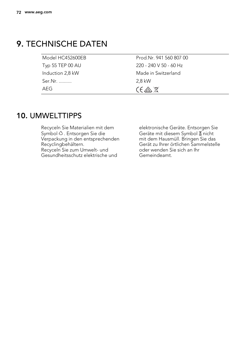 Technische daten, Umwelttipps | AEG HC452600EB User Manual | Page 72 / 76