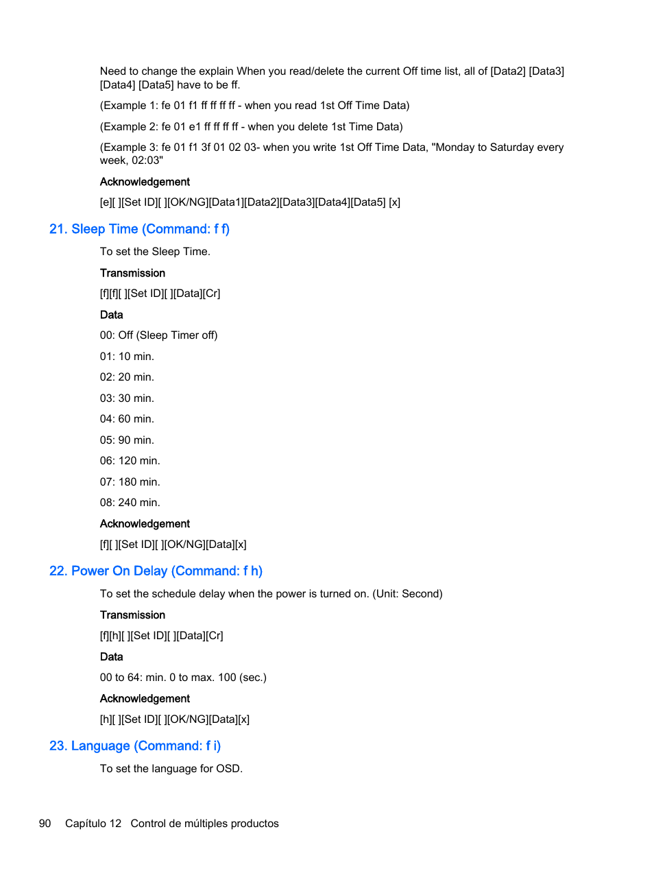 Sleep time (command: f f), Power on delay (command: f h), Language (command: f i) | HP Pantalla LED de 55 pulgadas HP LD5535 Digital Signage User Manual | Page 100 / 111