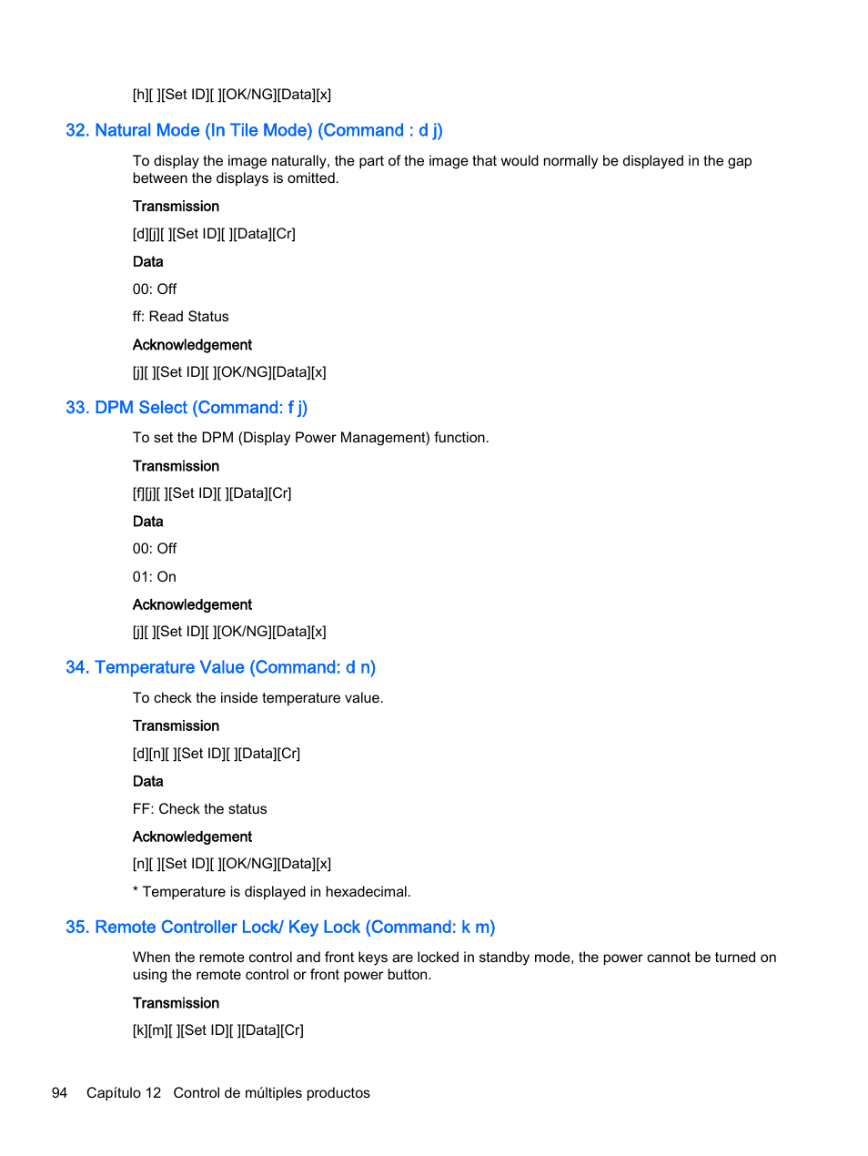 Natural mode (in tile mode) (command : d j), Dpm select (command: f j), Temperature value (command: d n) | Remote controller lock/ key lock (command: k m) | HP Pantalla LED de 55 pulgadas HP LD5535 Digital Signage User Manual | Page 104 / 111
