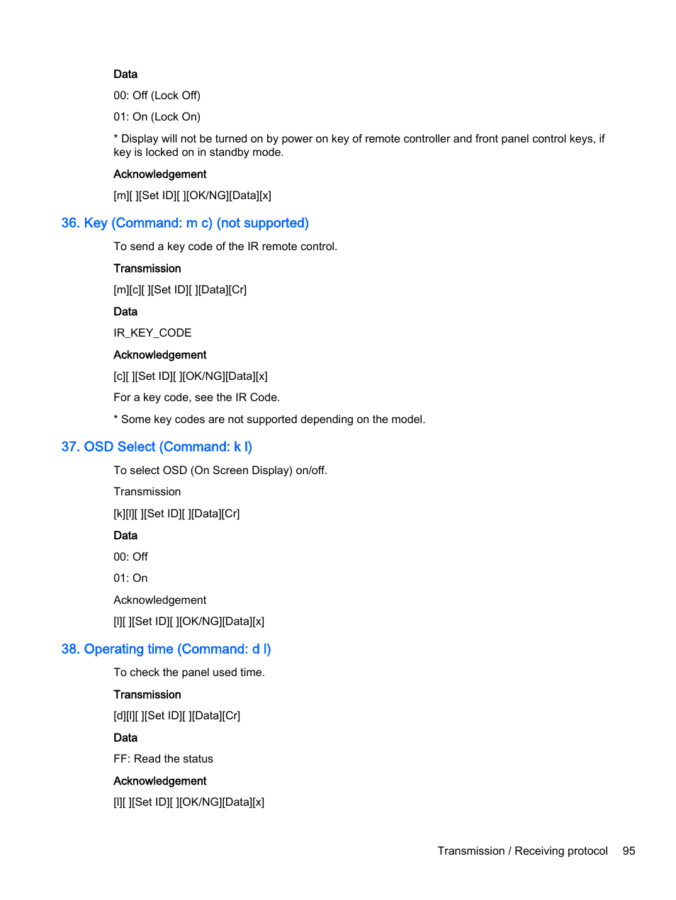 Key (command: m c) (not supported), Osd select (command: k l), Operating time (command: d l) | HP Pantalla LED de 55 pulgadas HP LD5535 Digital Signage User Manual | Page 105 / 111