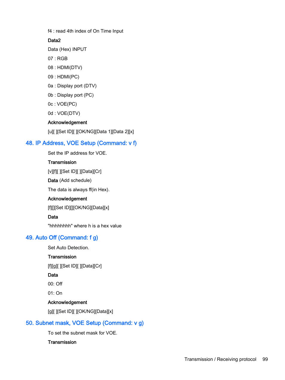 Ip address, voe setup (command: v f), Auto off (command: f g), Subnet mask, voe setup (command: v g) | HP Pantalla LED de 55 pulgadas HP LD5535 Digital Signage User Manual | Page 109 / 111