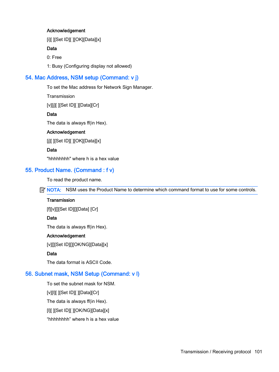 Mac address, nsm setup (command: v j), Product name. (command : f v), Subnet mask, nsm setup (command: v l) | HP Pantalla LED de 55 pulgadas HP LD5535 Digital Signage User Manual | Page 111 / 111