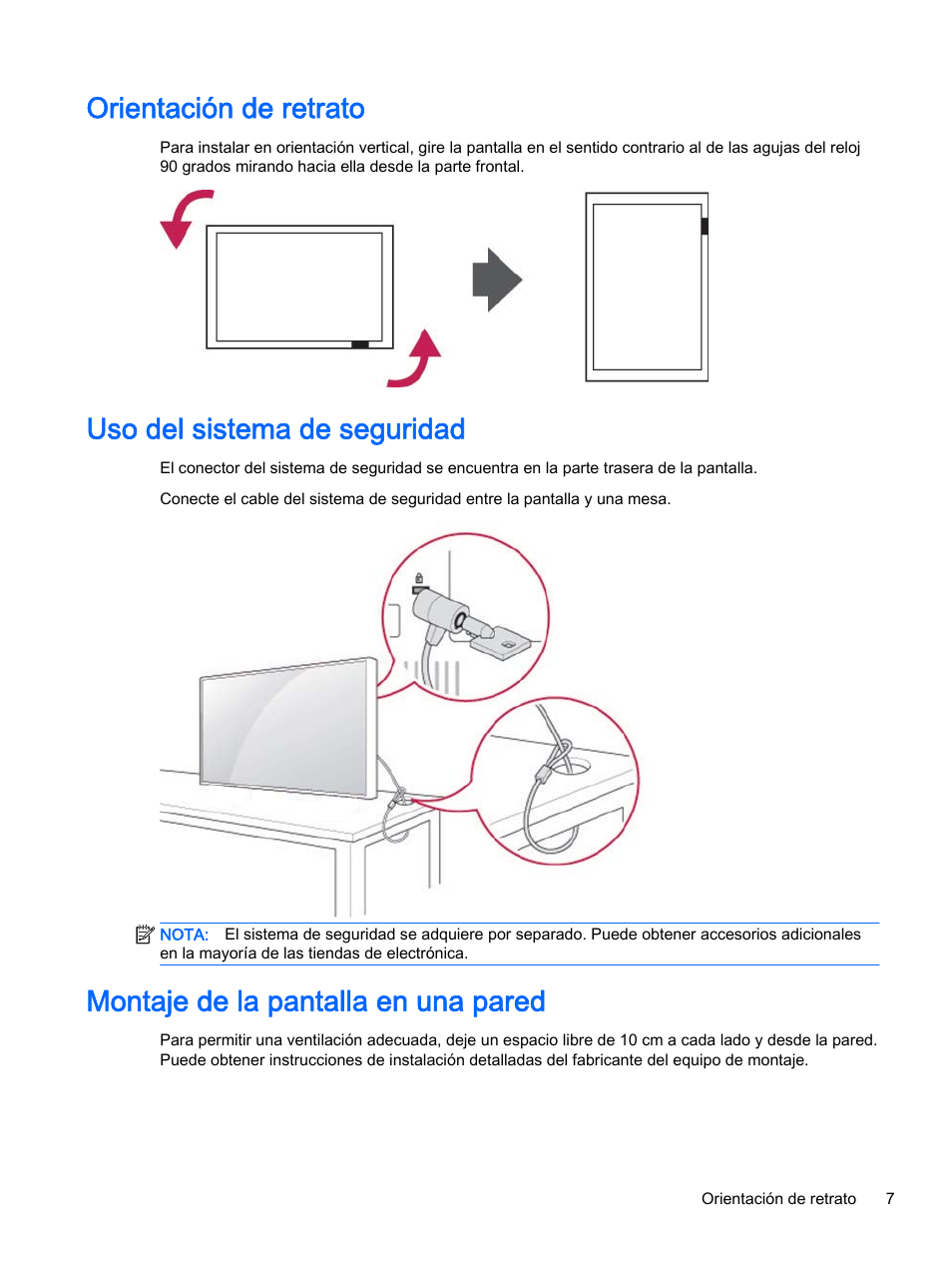 Orientación de retrato, Uso del sistema de seguridad, Montaje de la pantalla en una pared | HP Pantalla LED de 55 pulgadas HP LD5535 Digital Signage User Manual | Page 17 / 111