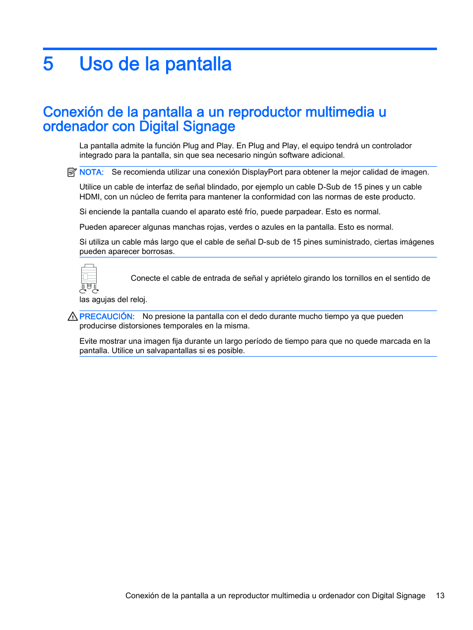 Uso de la pantalla, 5 uso de la pantalla, 5uso de la pantalla | HP Pantalla LED de 55 pulgadas HP LD5535 Digital Signage User Manual | Page 23 / 111