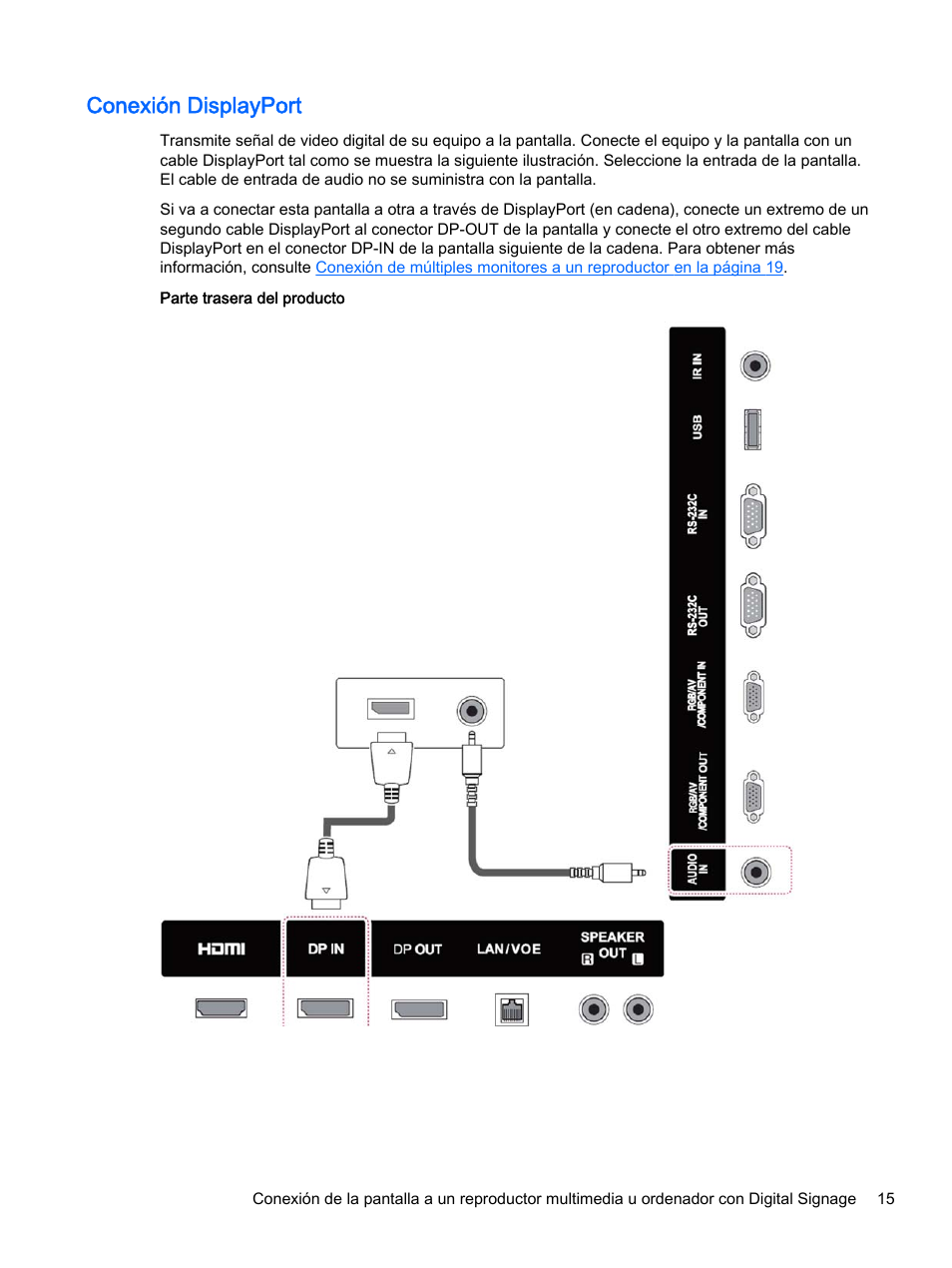 Conexión displayport | HP Pantalla LED de 55 pulgadas HP LD5535 Digital Signage User Manual | Page 25 / 111
