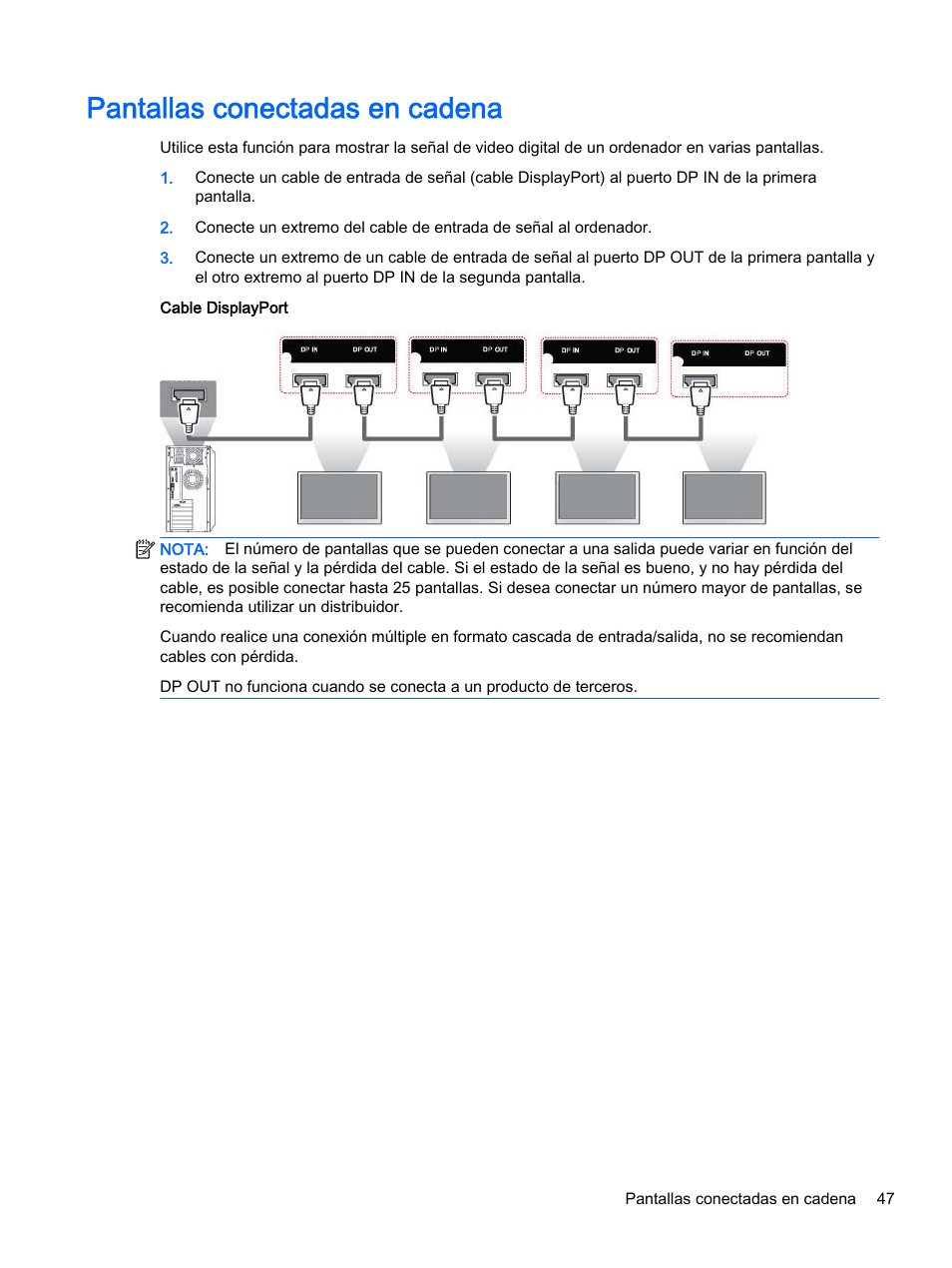 Pantallas conectadas en cadena | HP Pantalla LED de 55 pulgadas HP LD5535 Digital Signage User Manual | Page 57 / 111