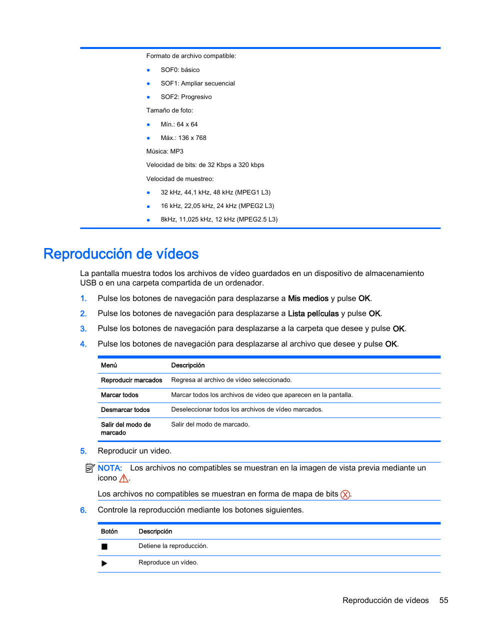 Reproducción de vídeos | HP Pantalla LED de 55 pulgadas HP LD5535 Digital Signage User Manual | Page 65 / 111
