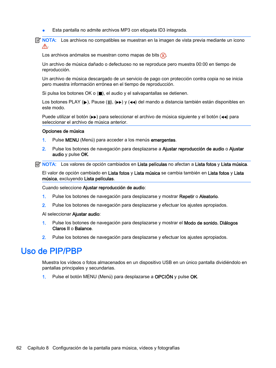 Uso de pip/pbp | HP Pantalla LED de 55 pulgadas HP LD5535 Digital Signage User Manual | Page 72 / 111