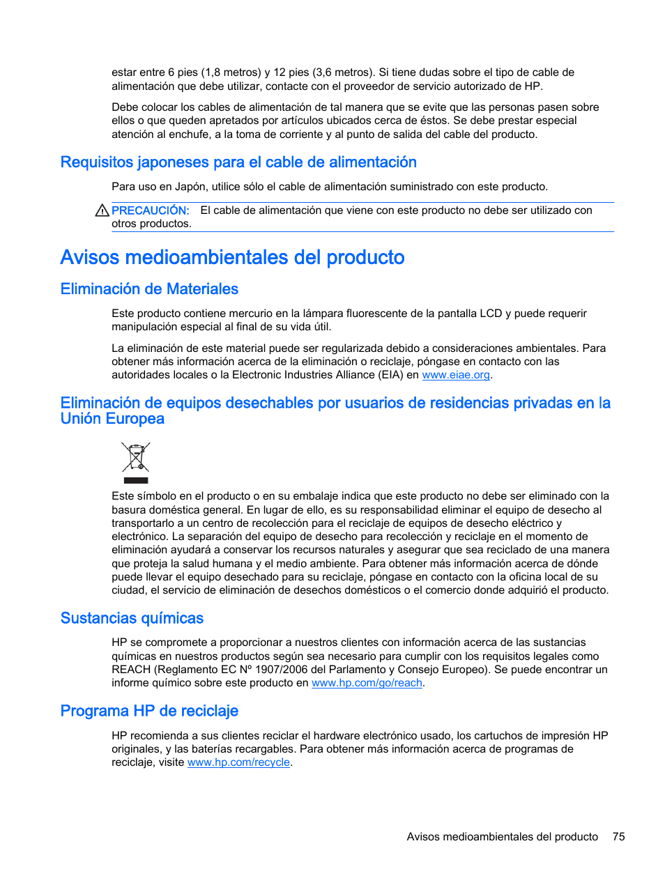 Requisitos japoneses para el cable de alimentación, Avisos medioambientales del producto, Eliminación de materiales | Sustancias químicas, Programa hp de reciclaje | HP Pantalla LED de 55 pulgadas HP LD5535 Digital Signage User Manual | Page 85 / 111