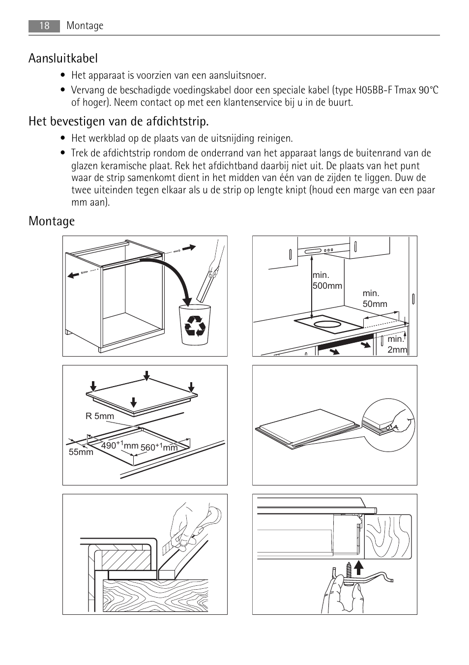 Aansluitkabel, Het bevestigen van de afdichtstrip, Montage | AEG HC652600EB User Manual | Page 18 / 84