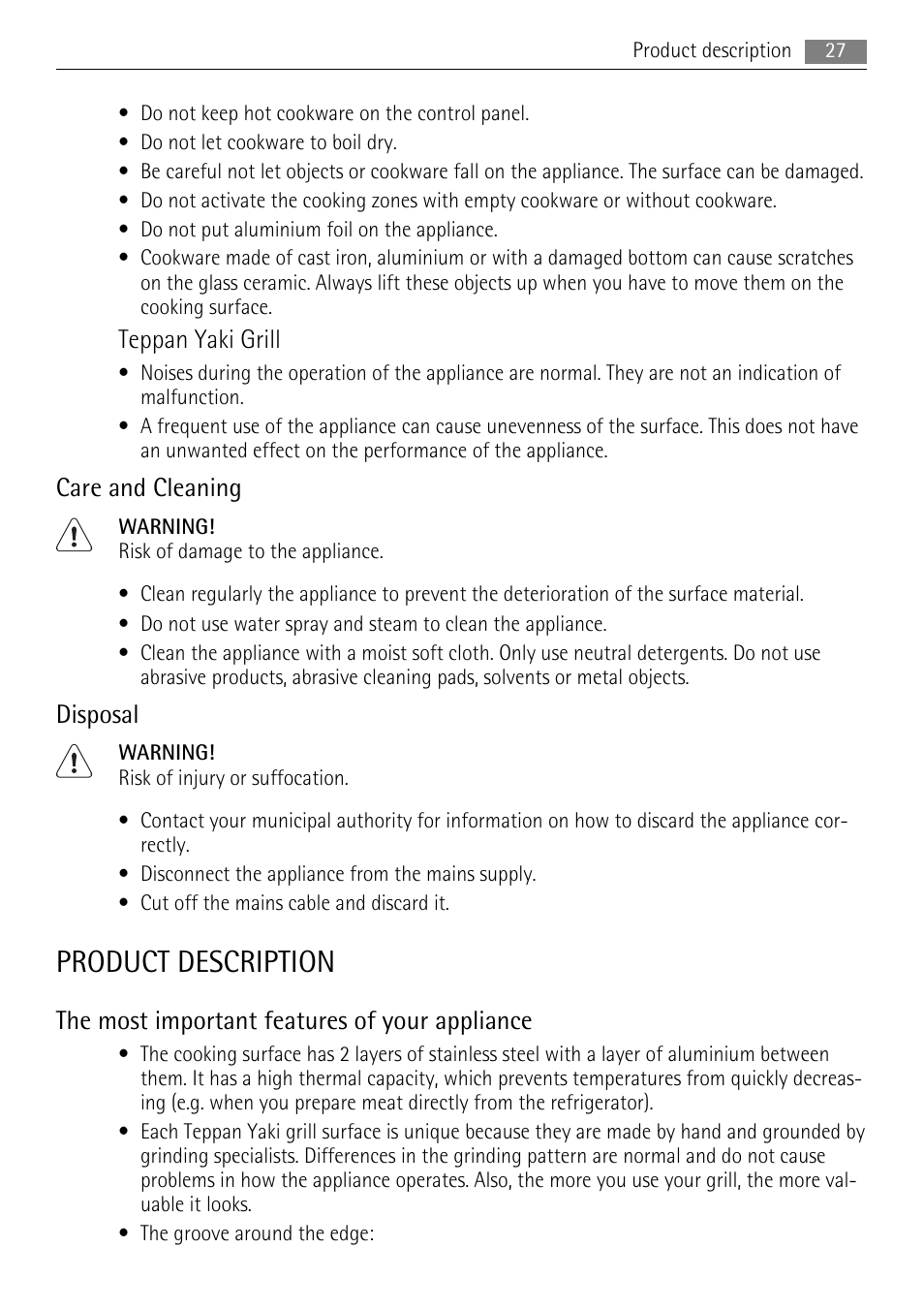 Product description, Teppan yaki grill, Care and cleaning | Disposal, The most important features of your appliance | AEG HC652600EB User Manual | Page 27 / 84