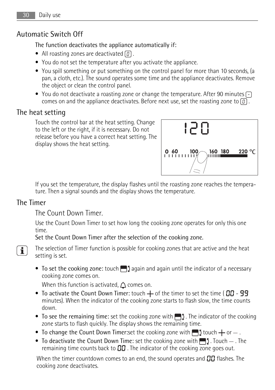 Automatic switch off, The heat setting, The timer the count down timer | AEG HC652600EB User Manual | Page 30 / 84