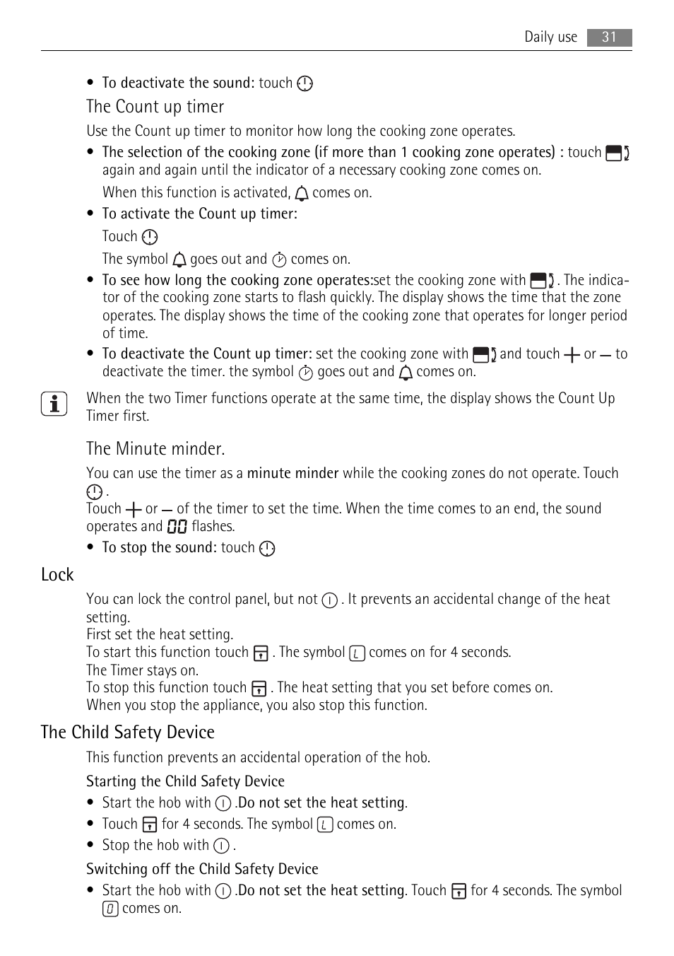 The count up timer, The minute minder, Lock | The child safety device | AEG HC652600EB User Manual | Page 31 / 84