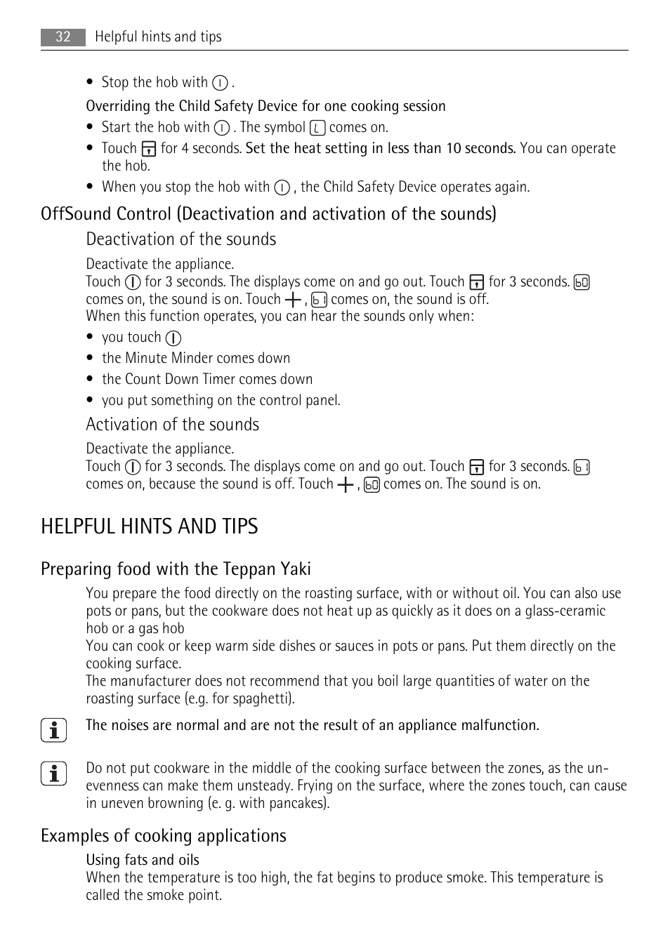 Helpful hints and tips, Activation of the sounds, Preparing food with the teppan yaki | Examples of cooking applications | AEG HC652600EB User Manual | Page 32 / 84