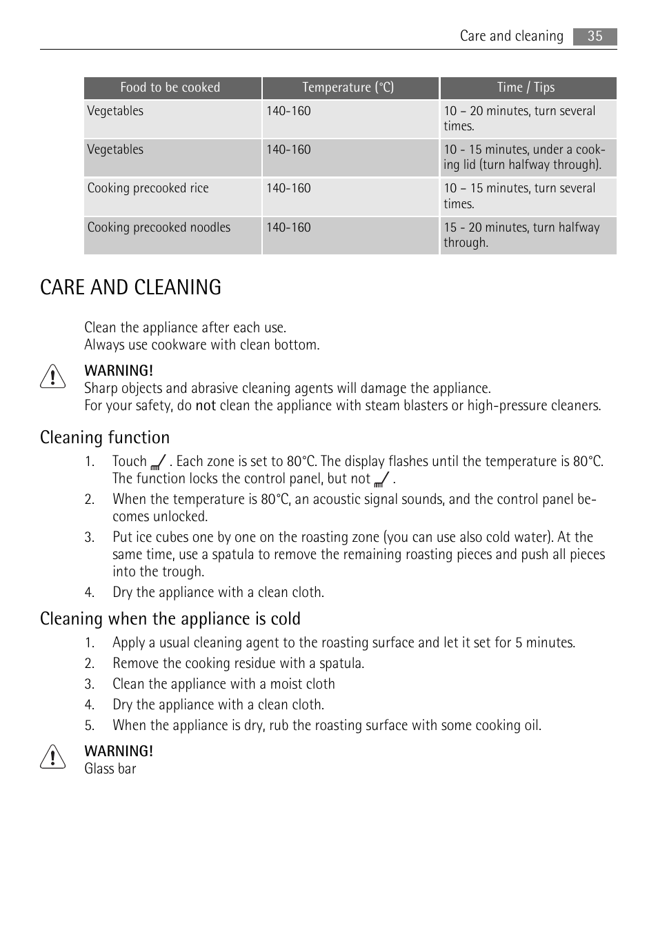 Care and cleaning, Cleaning function, Cleaning when the appliance is cold | AEG HC652600EB User Manual | Page 35 / 84