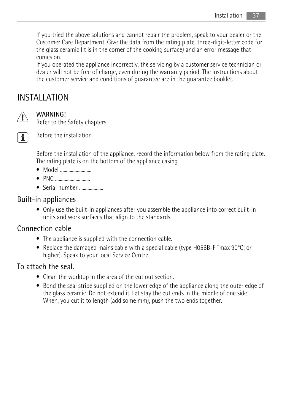 Installation, Built-in appliances, Connection cable | AEG HC652600EB User Manual | Page 37 / 84